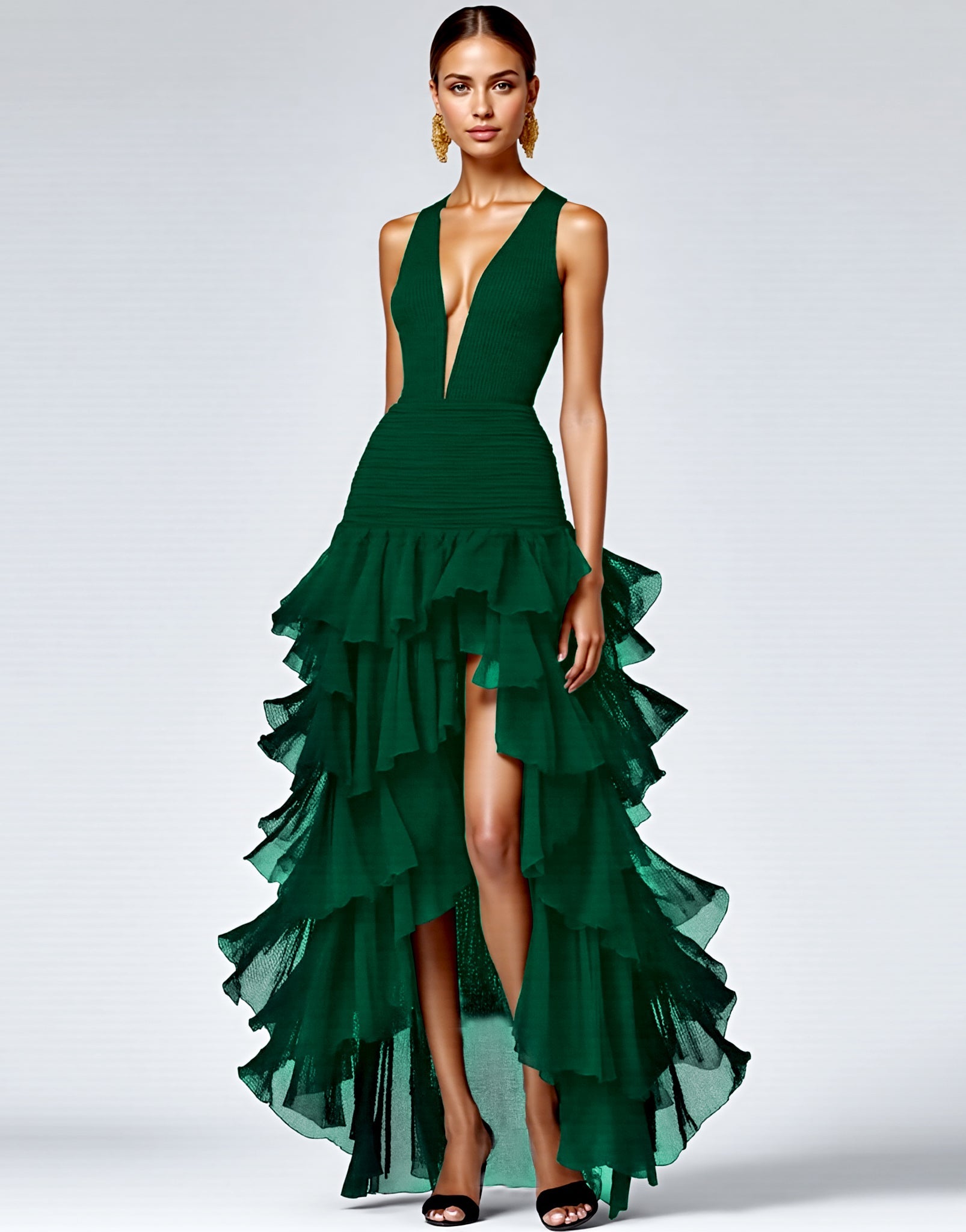 Black Deep V-Neck Tiered Long A Line Formal Dress with Slit