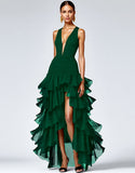 Black Deep V-Neck Tiered Long A Line Formal Dress with Slit