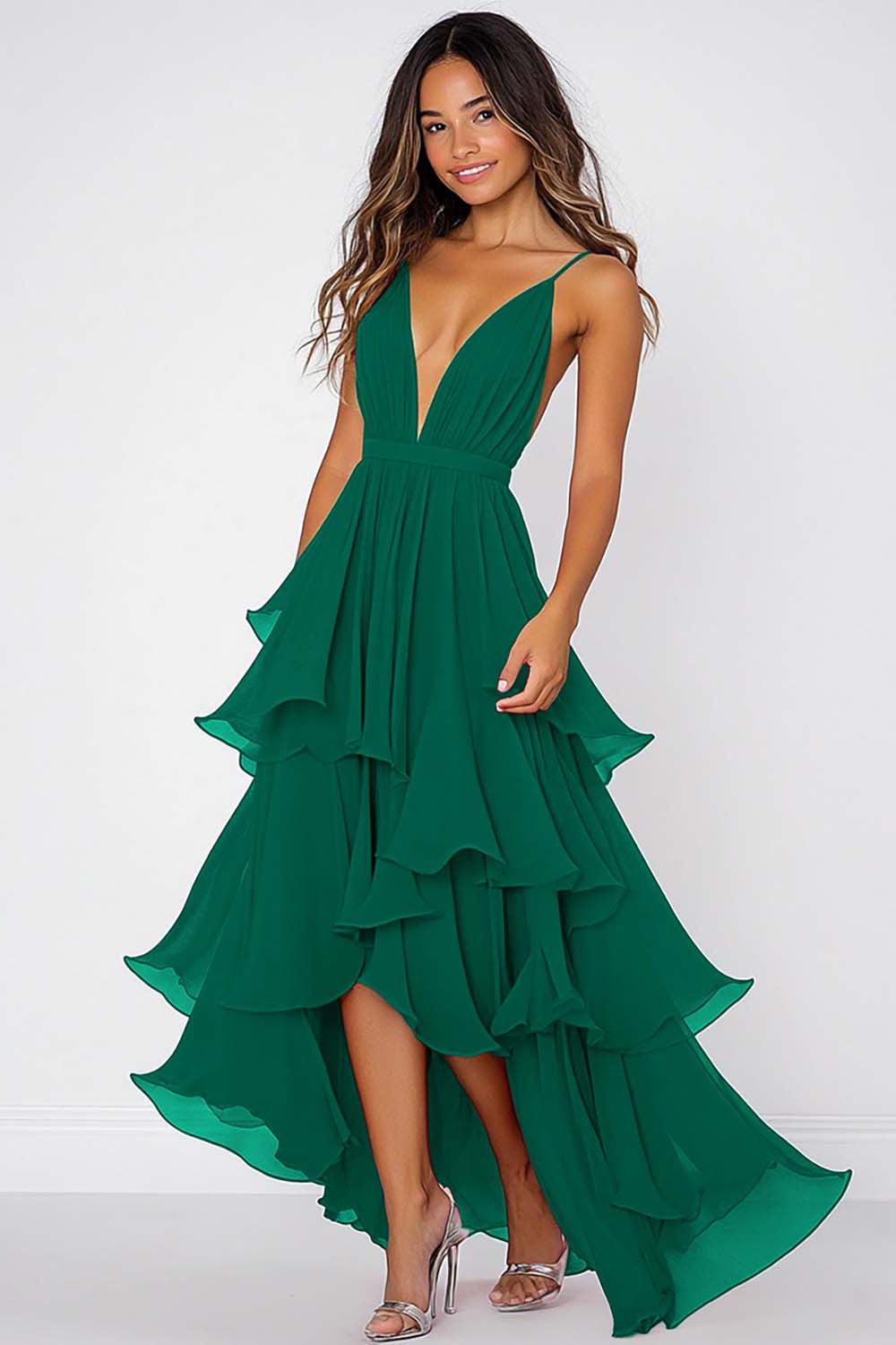 ZAPAKA Women Ruffled Formal Dress Tiered Red Chiffon Spaghetti Straps Long Prom Dress, Red / UK14