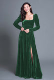 Burgundy A-Line Long Sleeves Velvet Long Holiday Party Dress with Slit
