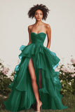 A Line Sweetheart Ruffled Navy Prom Dress with Front Slit