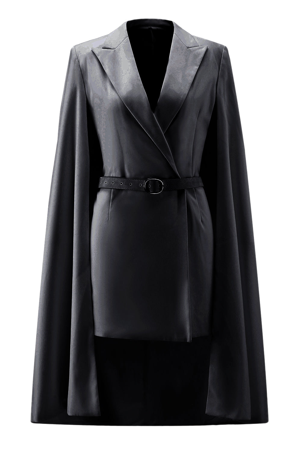 White Satin Peak Lapel Cape Short Work Blazer Dress with Belts