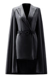 White Satin Peak Lapel Cape Short Work Blazer Dress with Belts