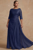 Dusty Sage Bateau Neck A Line Long Mother of the Bride Dress with Sleeves