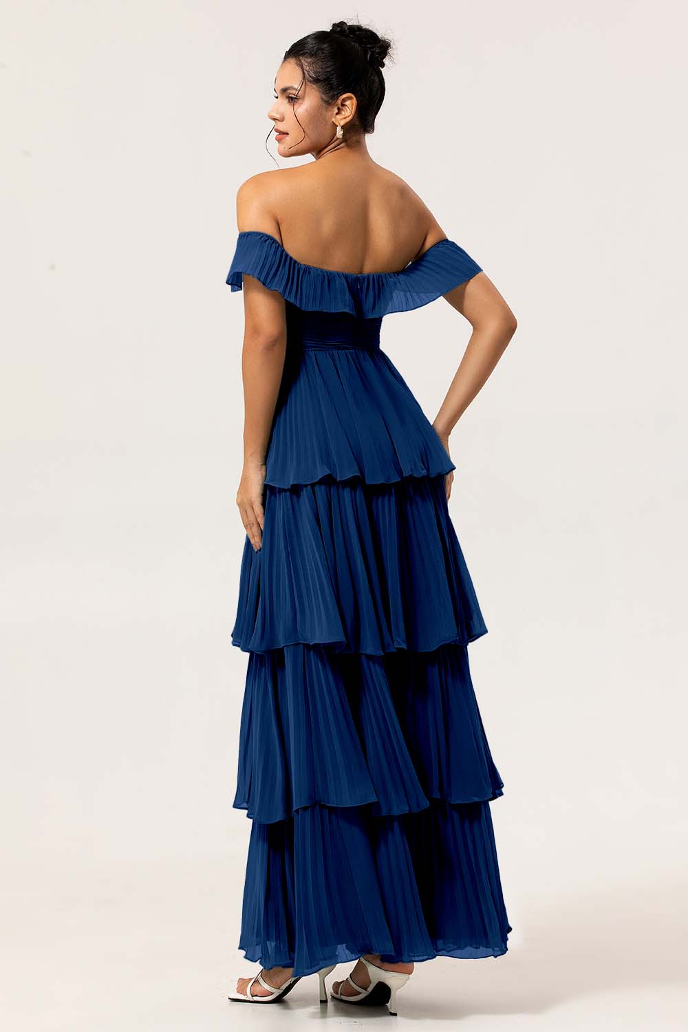 Eucalyptus Off The Shoulder Pleated Long Tiered Bridesmaid Dress