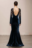 Dark Green V-Neck Velvet Mermaid Long Formal Dress with Lace