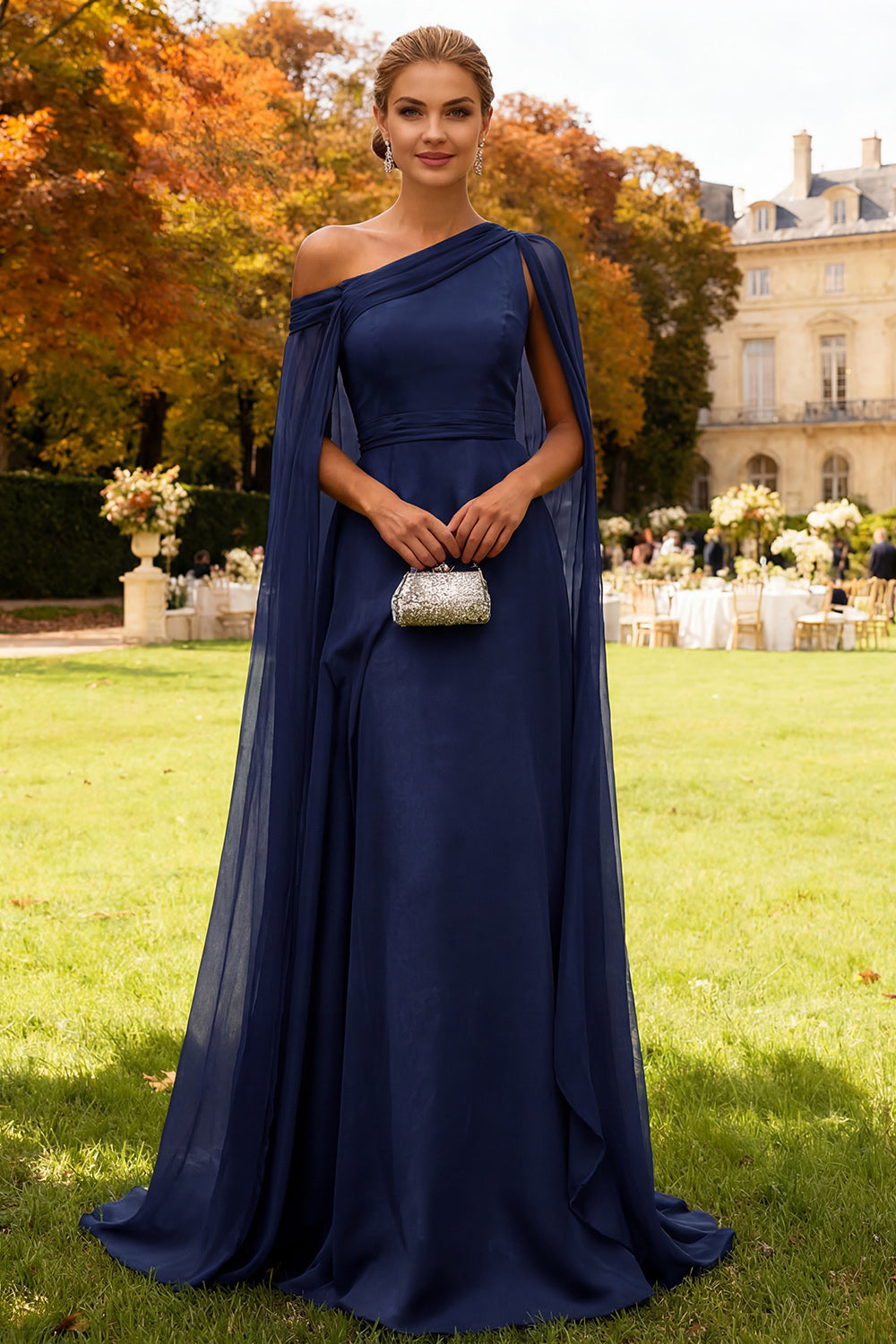 Dark Green One Shoulder Chiffon Long Wedding Guest Dress with Cape