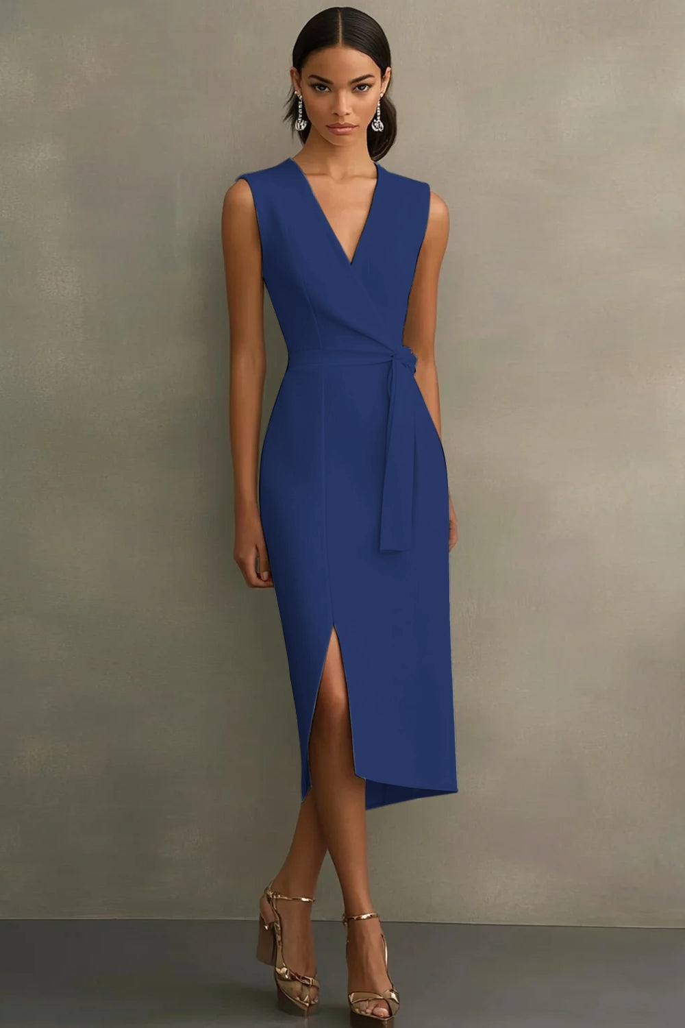 White V-Neck Sleeveless Satin Midi Formal Dress with Slit