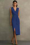 White V-Neck Sleeveless Satin Midi Formal Dress with Slit