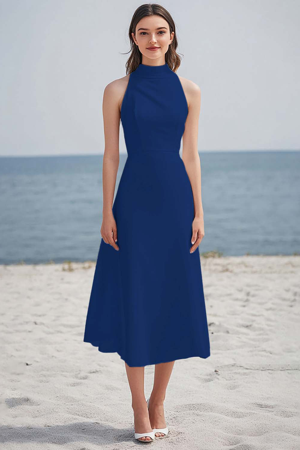 Ivory Satin High Neck Maxi Rehearsal Dinner Dress