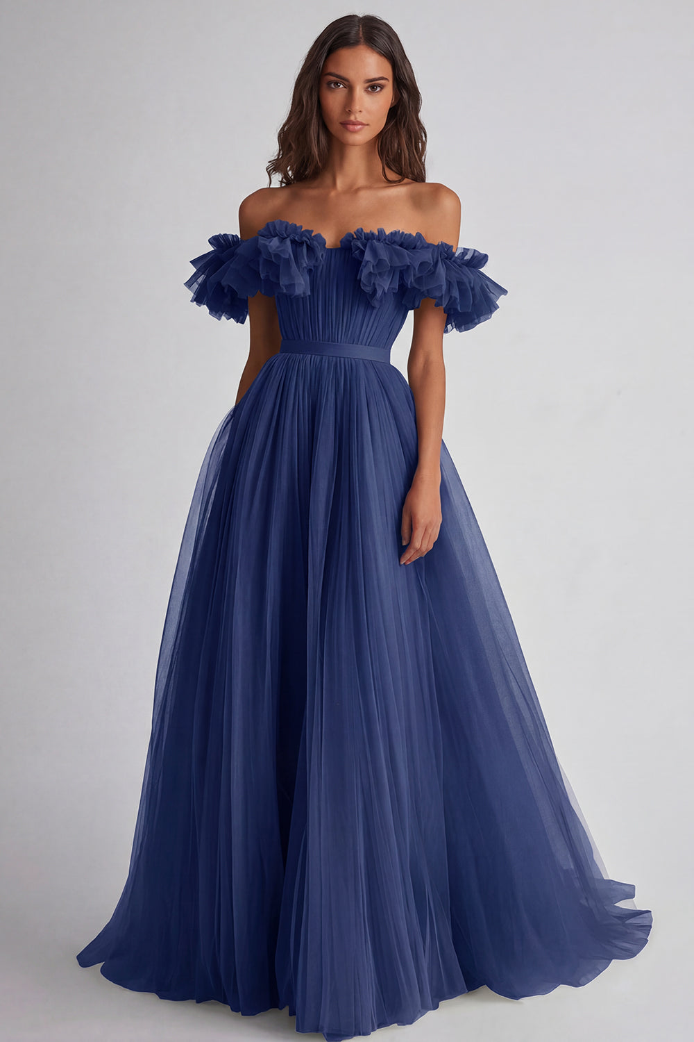A Line Dusty Sage Off the Shoulder Long Wedding Guest Dress with Ruffles