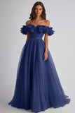 A Line Dusty Sage Off the Shoulder Long Wedding Guest Dress with Ruffles