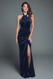 Burgundy Halter Velvet Mermaid Long Holiday Party Dress with Slit