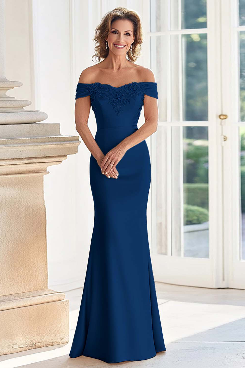 Zapaka Women Champagne Mother of the Bride Dress with Appliques Off the Shoulder Sheath Satin Long Wedding Guest Dress, Champagne / US18W