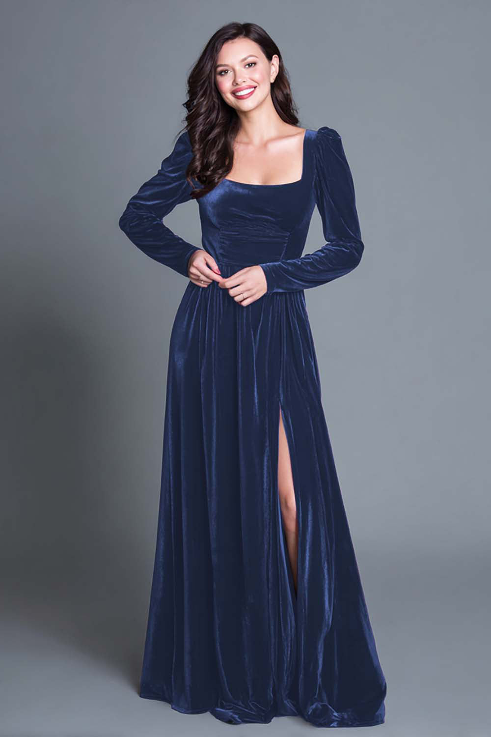 Zapaka Women Burgundy A-Line Velvet Long Formal Dress with Slit Long Sleeves Square Neck Evening Dress, Burgundy / US16W
