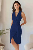 Sky Blue Satin Bodycon V-Neck Sleeveless Short Work Blazer Dress