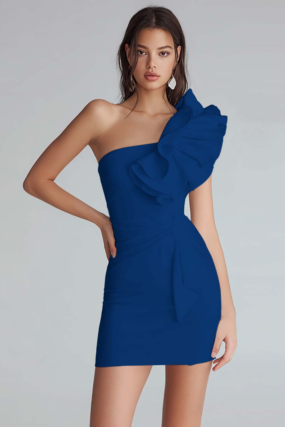 Ivory Satin One Shoulder Short Tight Graduation Dress with Ruffles