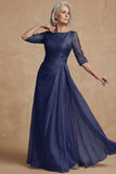 Dusty Sage Bateau Neck A Line Long Mother of the Bride Dress with Sleeves