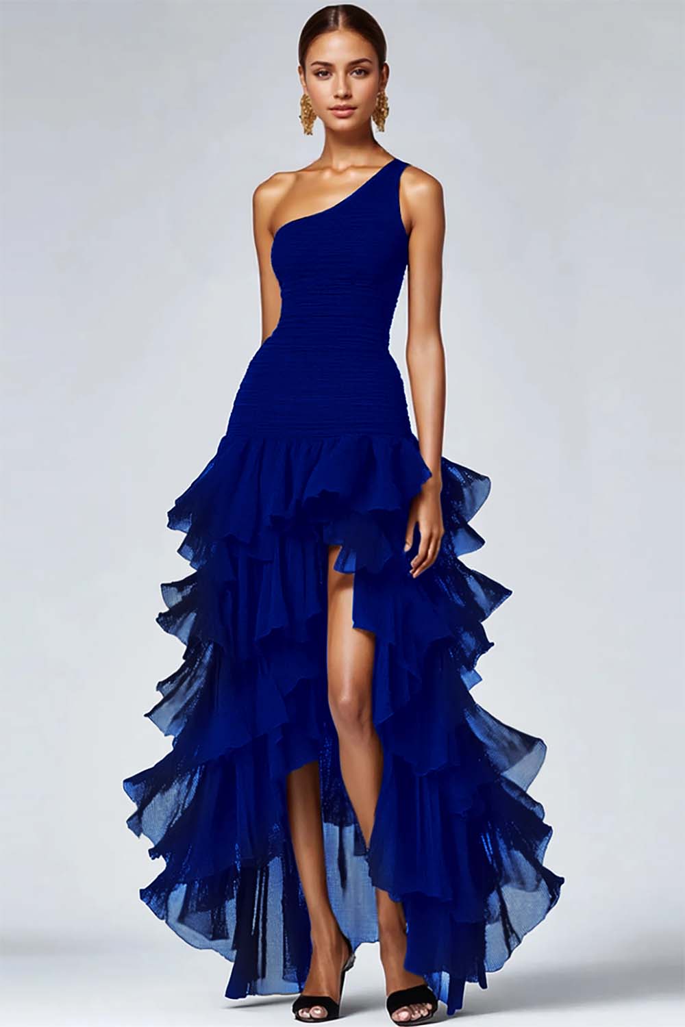 ZAPAKA Women One Shoulder Formal Dress High-Low Organza Ruffled A Line Black Tie Dress, Dark Navy / US20W