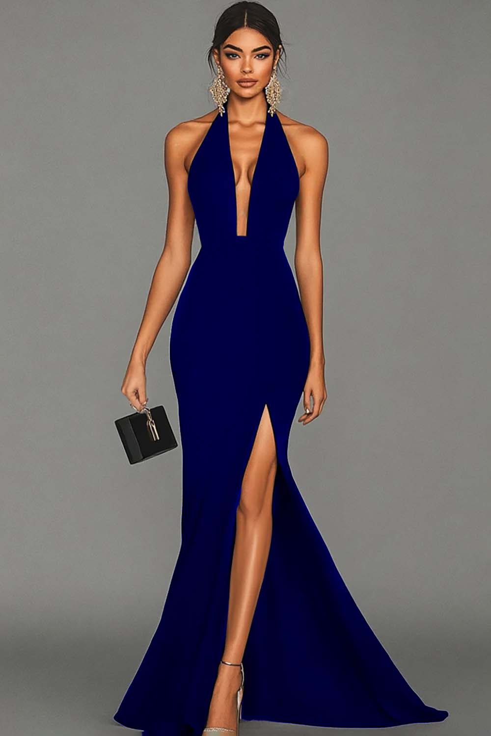 Zapakasa Women Black Mermaid Satin Halter Neck Long Formal Dress with Slit V-Neck Black Tie Dress Zapakasa Women Black Mermaid Satin Halter Neck Long Formal Dress with Slit V-Neck Black Tie Dress