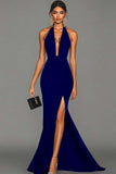 Black Mermaid Halter Neck Long Satin Formal Dress with Slit