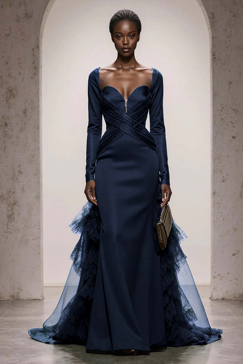 Dark Green Satin Mermaid Sweetheart Long Sleeves Formal Dress with Ruffles