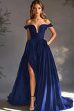 A Line Chiffon Pleated Long Off the Shoulder Formal Dress with Slit