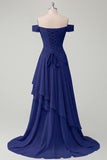 Ruched A Line Off the Shoulder Butter Yellow Ruffled Prom Dress with Slit