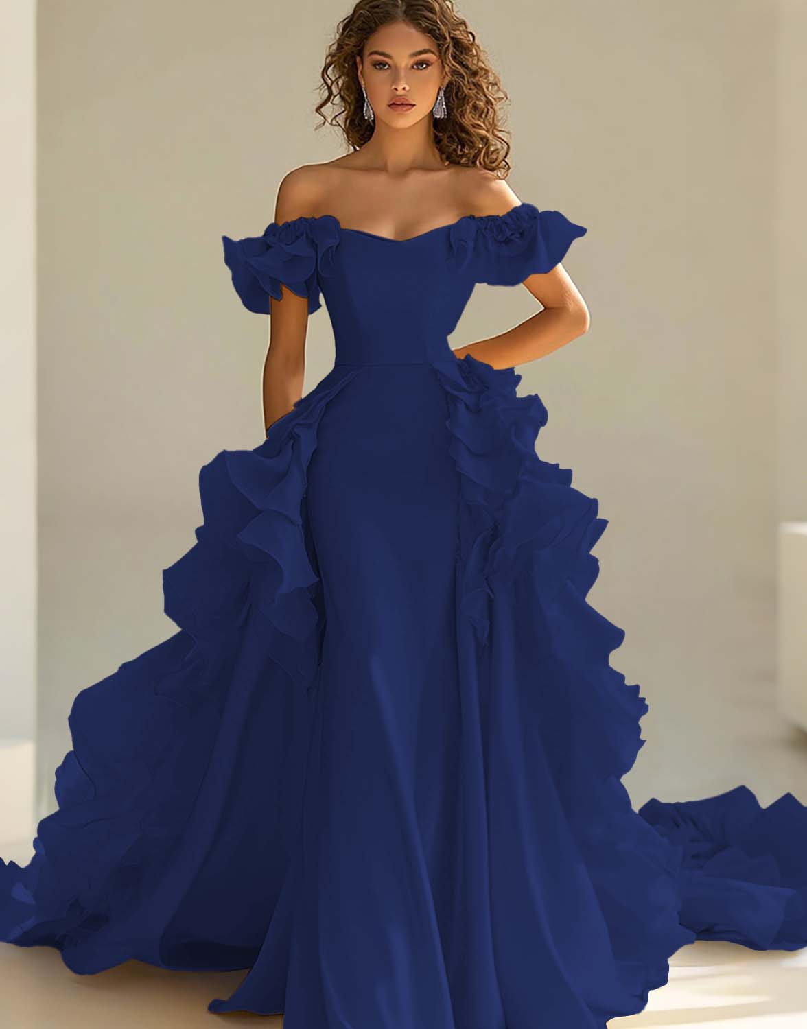 Yellow Satin Long Off the Shoulder Prom Dress with Ruffles