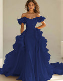 Yellow Satin Long Off the Shoulder Prom Dress with Ruffles