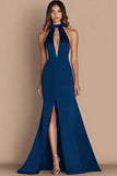 Simple Halter Satin Long Keyhole Black Tie Dress with Slit