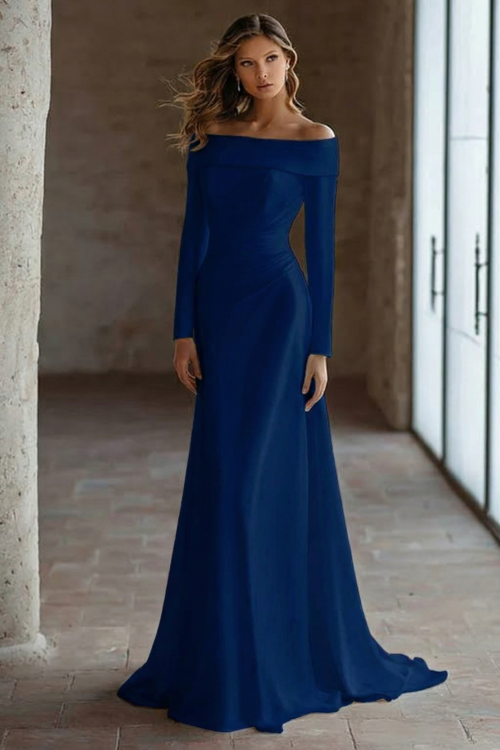 Ivory Satin Off The Shoulder Sweep Train Wedding Dress with Sleeves