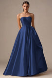 Ball Gown Yellow Strapless Pleated Long Prom Dress