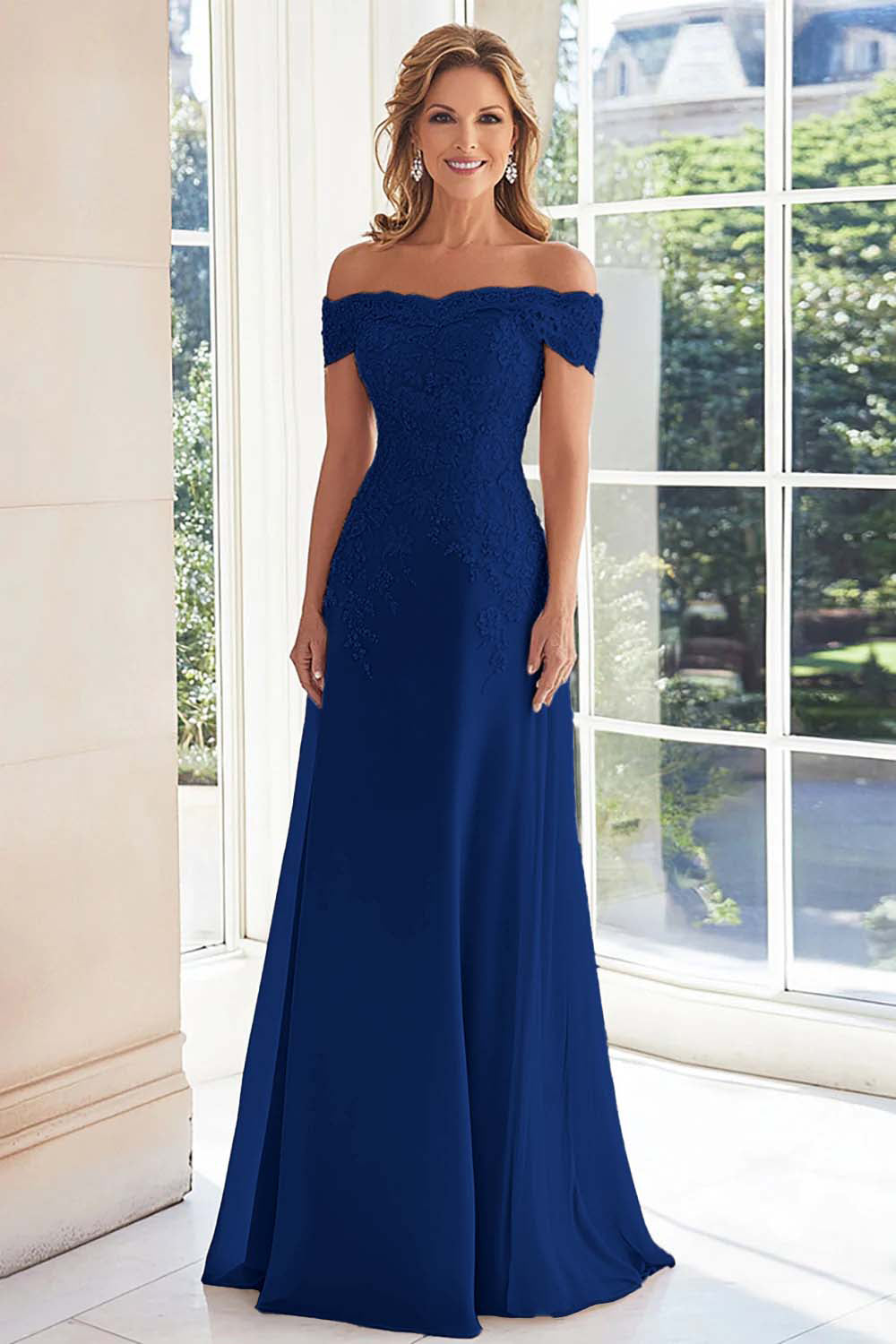 Taupe Off the Shoulder Chiffon Sheath Long Mother of the Bride Dress with Lace