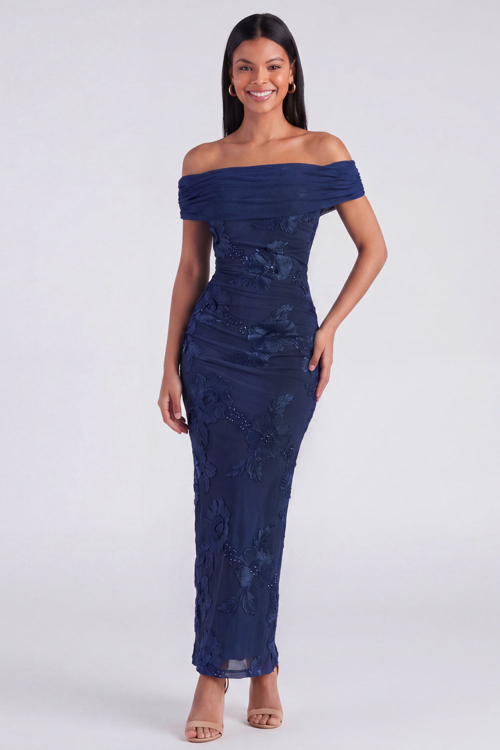 Off the Shoulder Blue Floral Maxi Mermaid Beach Wedding Guest Dress with Back Slit