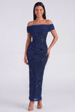 Off the Shoulder Blue Floral Maxi Mermaid Beach Wedding Guest Dress with Back Slit