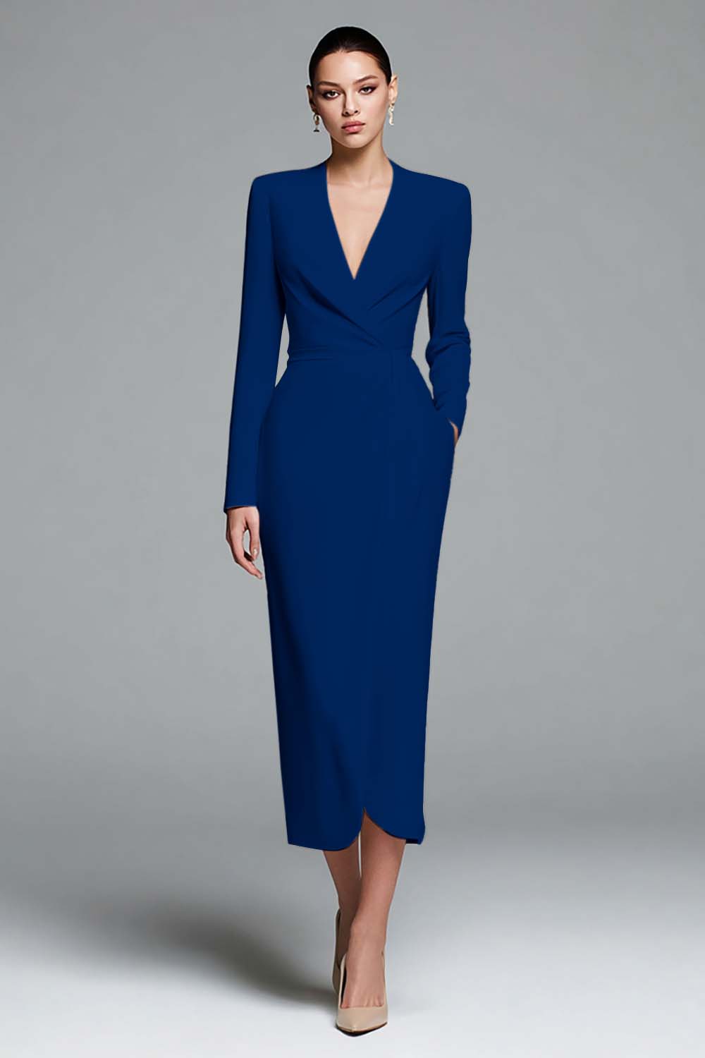 Ivory Satin V-Neck Sheath Long Sleeves Work Dress