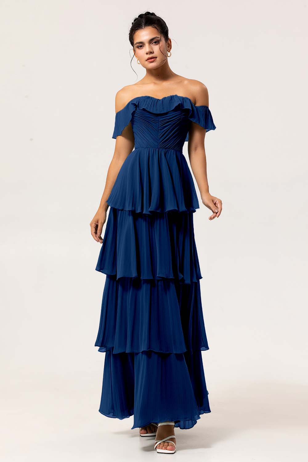 Eucalyptus Off The Shoulder Pleated Long Tiered Bridesmaid Dress