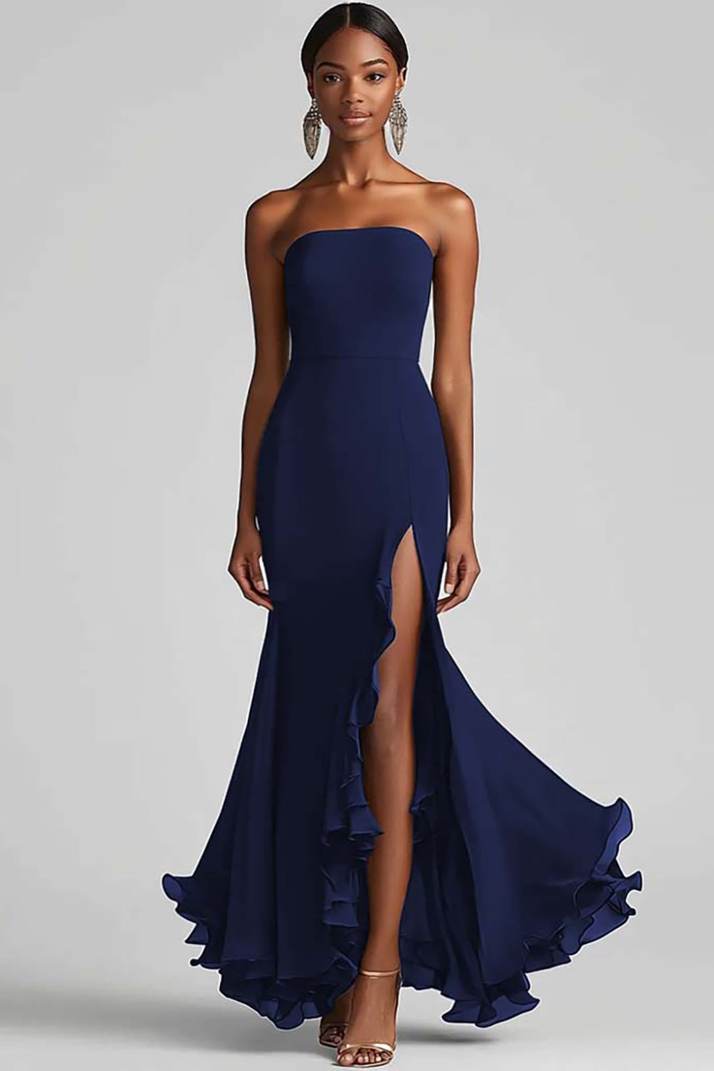 Zapakasa Women Royal Blue Chiffon Long Sheath Formal Dress with Slit Strapless Black Tie Dress