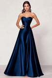 Satin Dark Green A Line Sweetheart Ruched Long Prom Dress