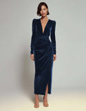 Olive Sheath Velvet Deep V-Neck Long Holiday Party Dress with Sleeves