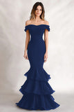Black Mermaid Off the Shoulder Long Tiered Formal Dress
