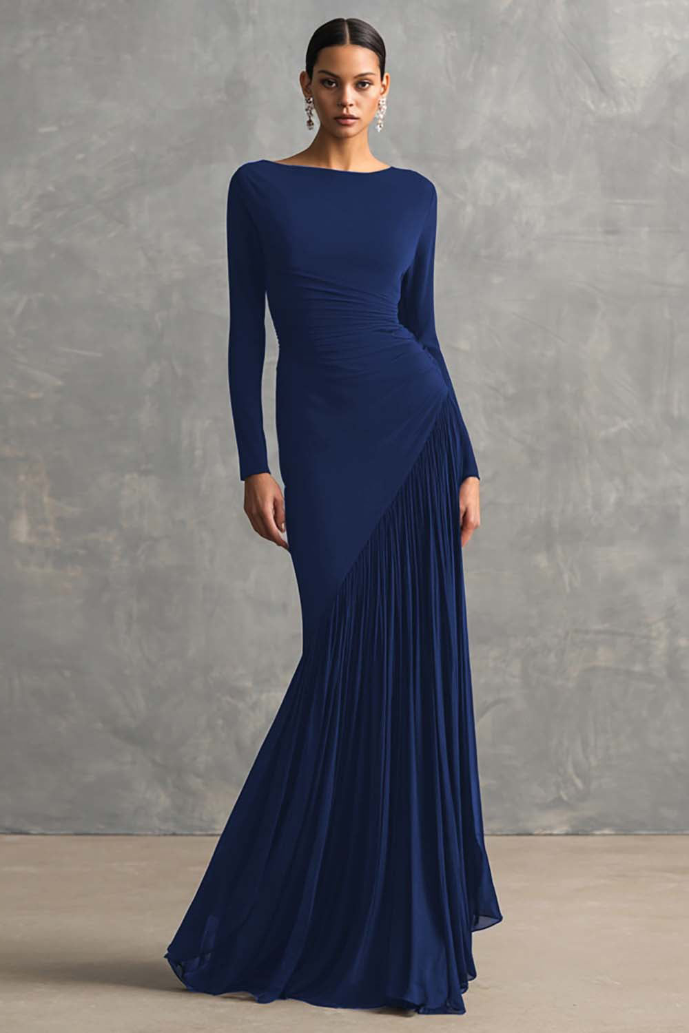 ZAPAKA Women Chiffon Maxi Formal Dress Pleated Mermaid Boat Neck Long Sleeves Black Tie Dress, Black / AU16