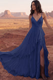 Ivory A Line Sweep Train Ruffled V-Neck Ruched Beach Wedding Dress with Slit