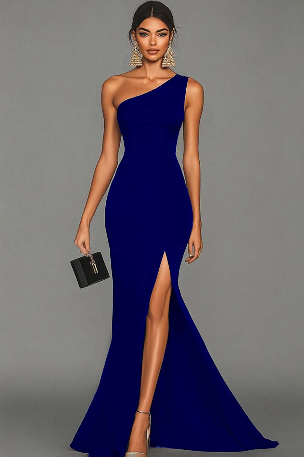 Black Mermaid One Shoulder Long Satin Formal Dress with Slit