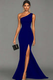 Black Mermaid One Shoulder Long Satin Formal Dress with Slit