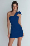 Ivory One Shoulder Satin Ruched Short Tight Graduation Dress with Bow