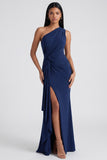 Ruched Long Mermaid Burgundy One Shoulder Formal Dress with Ruffles