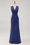 White Chiffon V-Neck Sheath Sleeveless Long Rehearsal Dinner Dress