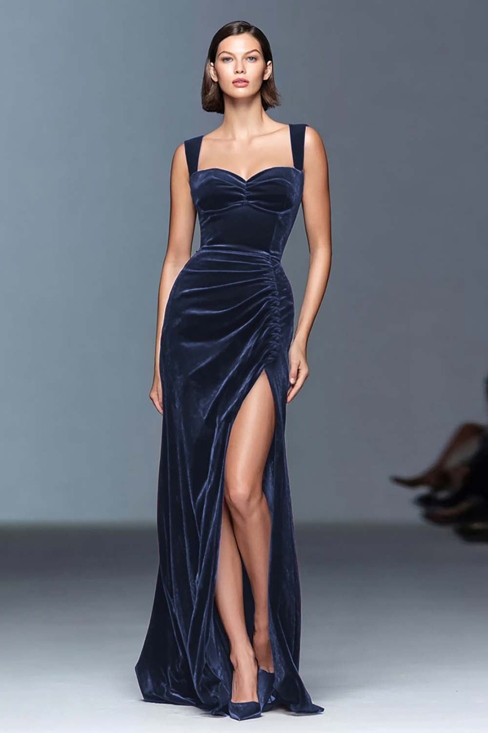 Burgundy Velvet Ruched Long Holiday Party Dress with Slit